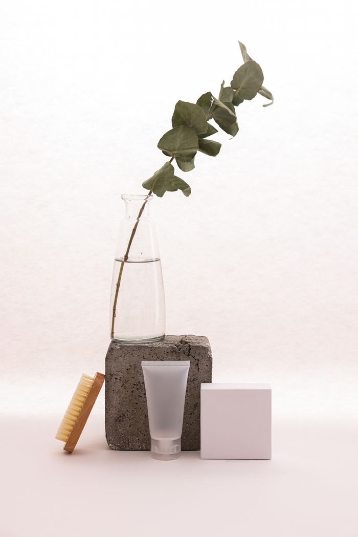 Services Elegant arrangement of beauty products with eucalyptus branch on white background.